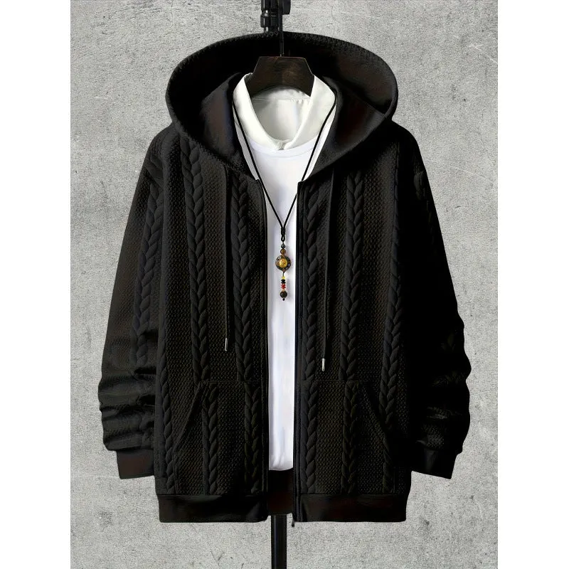 Men's plus-sized casual hooded sweater cardigan in black, 100% polyester, long sleeves, sizes 1XL-6XL