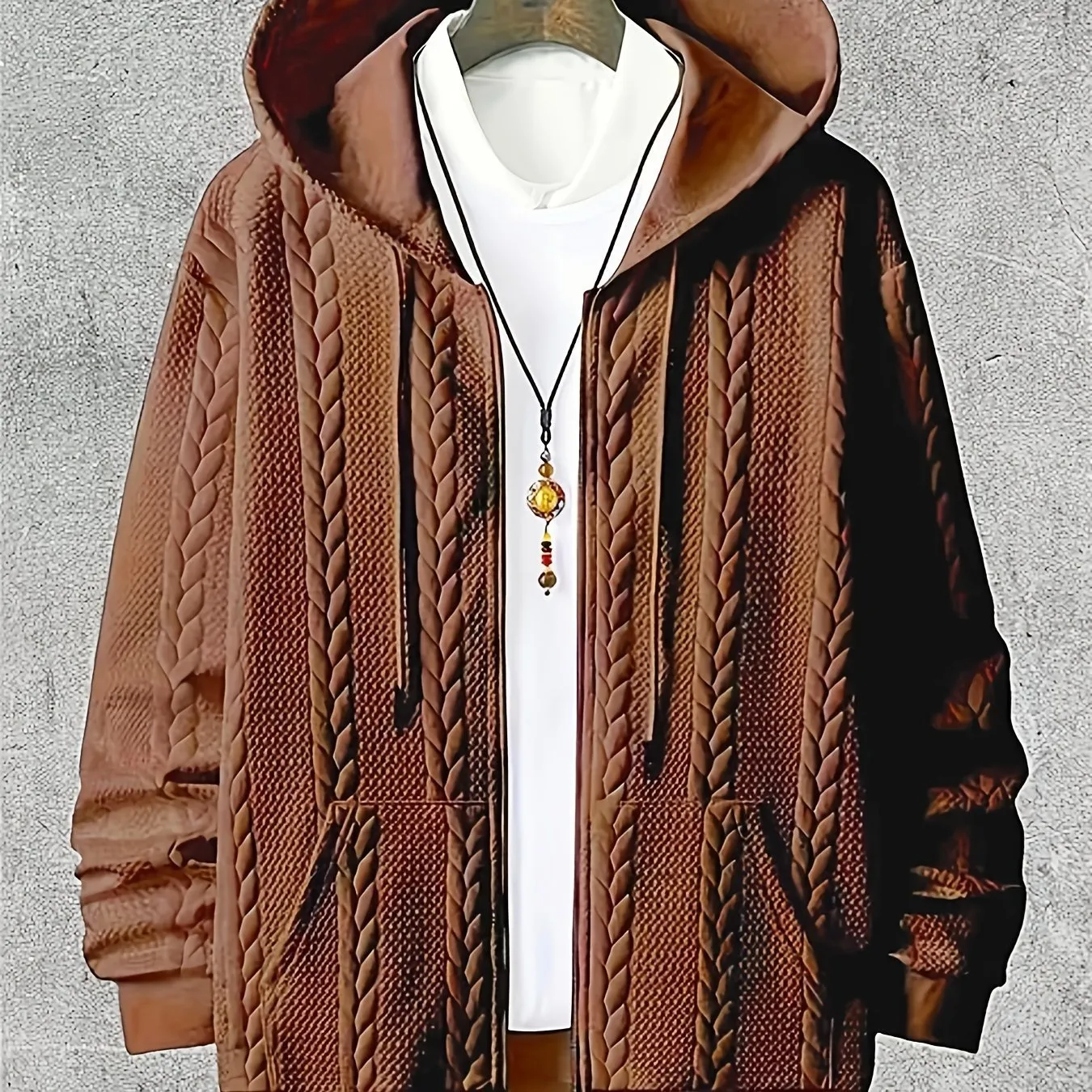 Men's plus-sized casual hooded sweater cardigan in black, 100% polyester, long sleeves, sizes 1XL-6XL