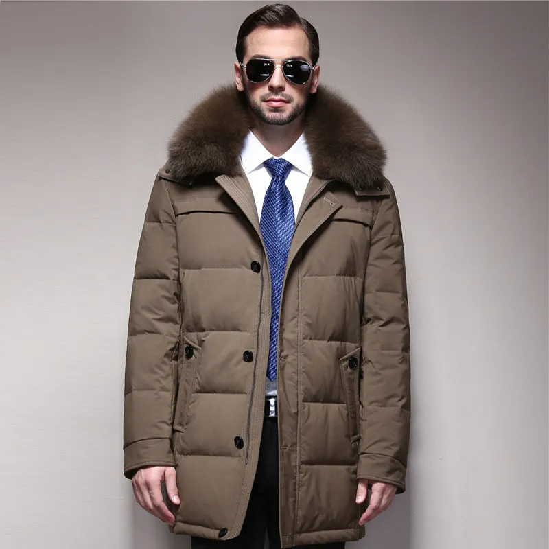 Men's thickened white duck down jacket standing collar no hood zipper front black colour solid pattern winter coat
