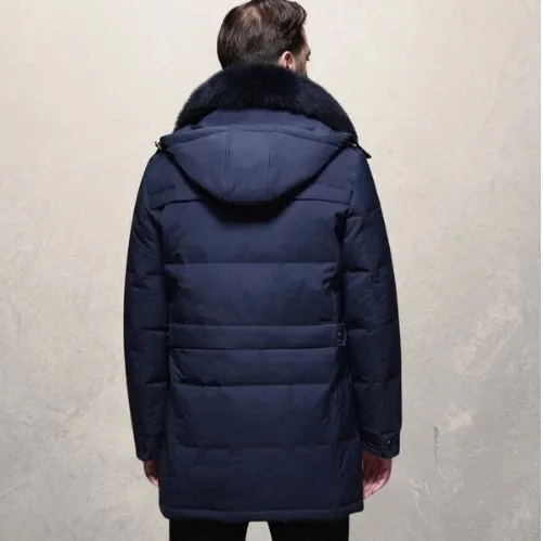 Men's thickened white duck down jacket standing collar no hood zipper front black colour solid pattern winter coat