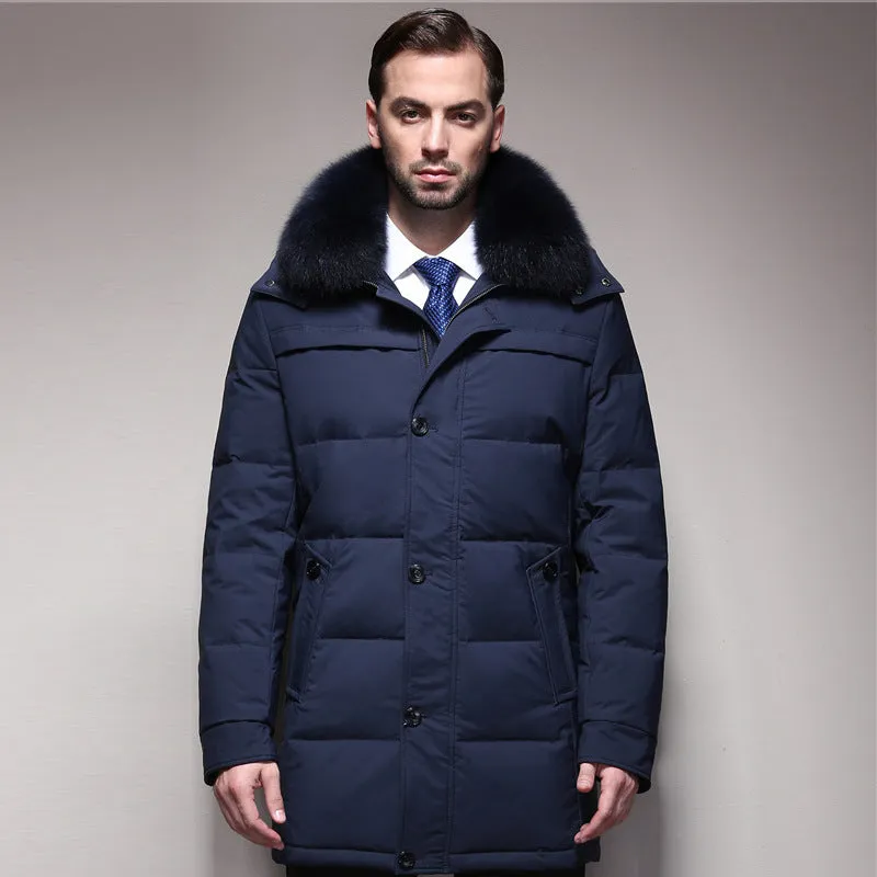 Men's thickened white duck down jacket standing collar no hood zipper front black colour solid pattern winter coat