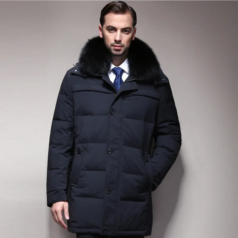 Men's thickened white duck down jacket standing collar no hood zipper front black colour solid pattern winter coat