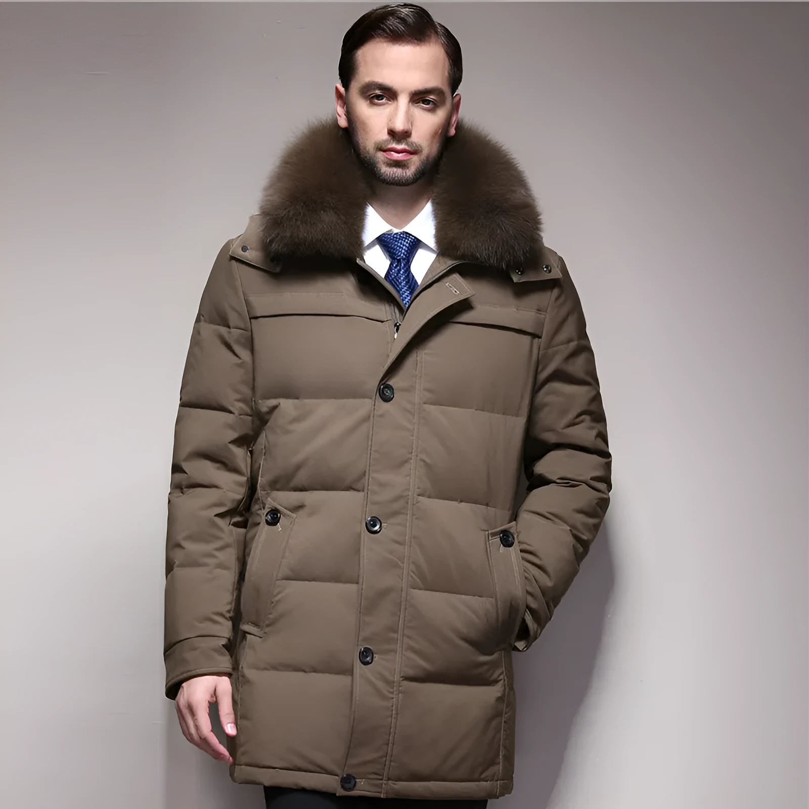 Men's thickened white duck down jacket standing collar no hood zipper front black colour solid pattern winter coat