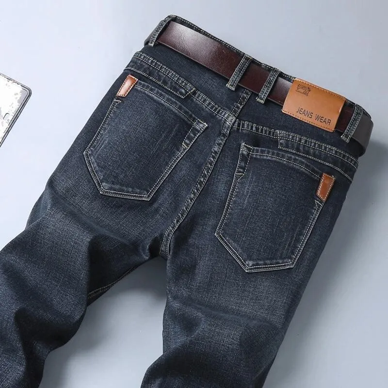 Men's summer thin straight slim stretch casual cotton trousers in blue, mid waist with zipper fly