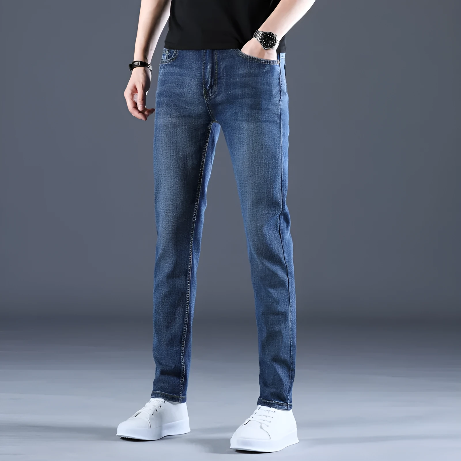 Men's summer thin straight slim stretch casual cotton trousers in blue, mid waist with zipper fly