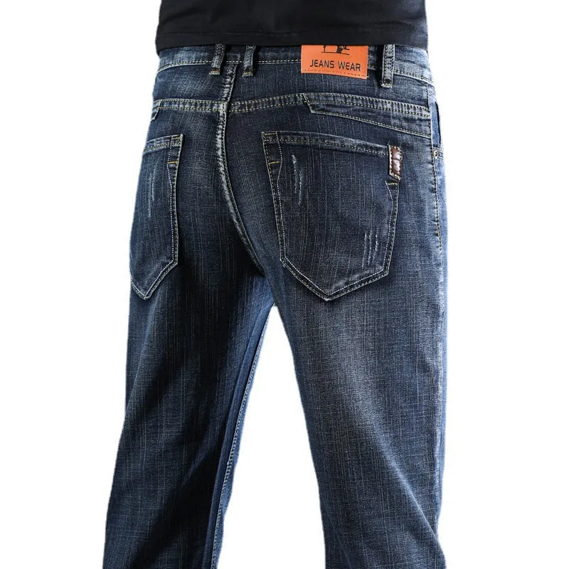 Men's summer thin straight slim stretch casual cotton trousers in blue, mid waist with zipper fly
