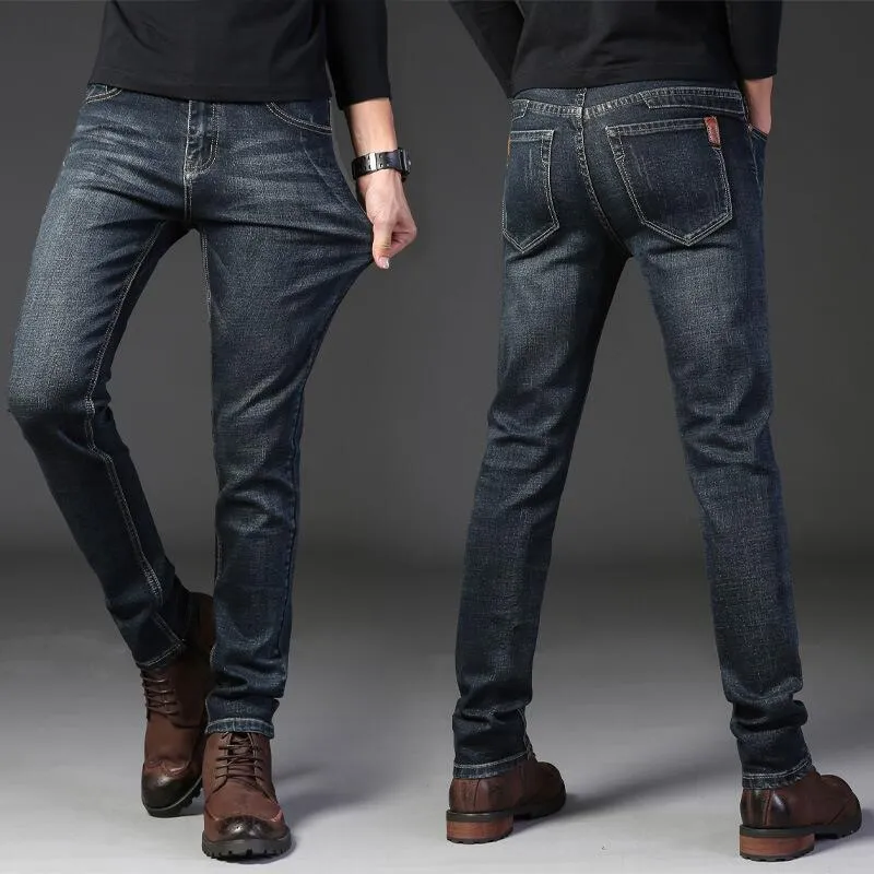 Men's summer thin straight slim stretch casual cotton trousers in blue, mid waist with zipper fly