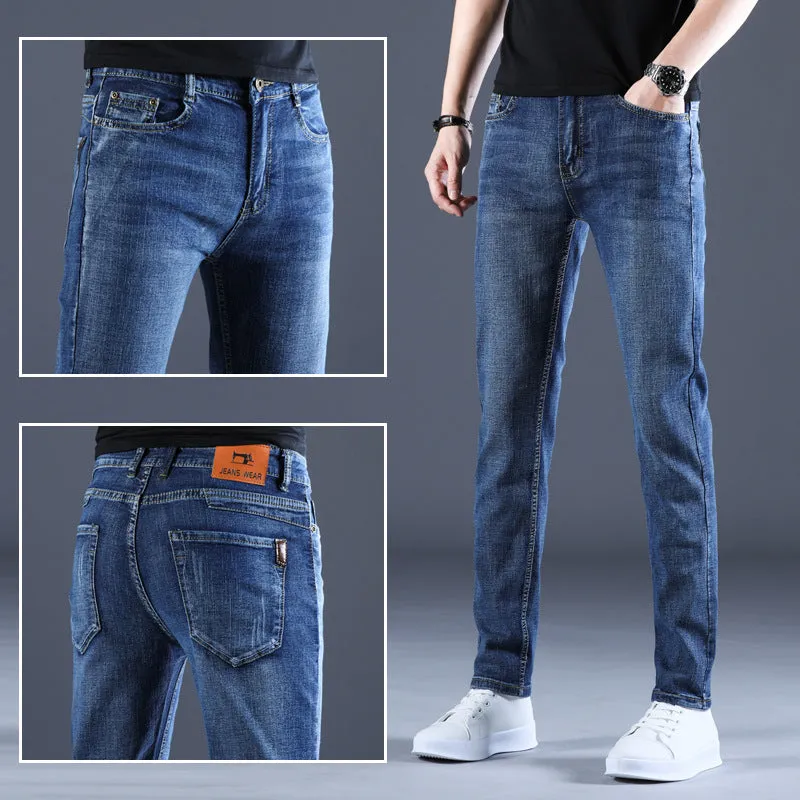 Men's summer thin straight slim stretch casual cotton trousers in blue, mid waist with zipper fly