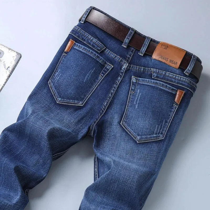 Men's summer thin straight slim stretch casual cotton trousers in blue, mid waist with zipper fly