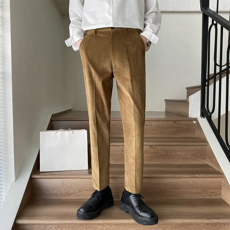 Non-ironing straight-leg wool-blend trousers in black for young men, mid-waist cropped style