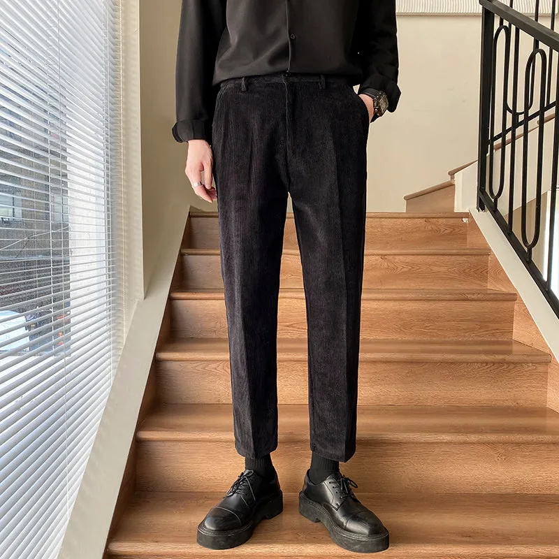 Non-ironing straight-leg wool-blend trousers in black for young men, mid-waist cropped style
