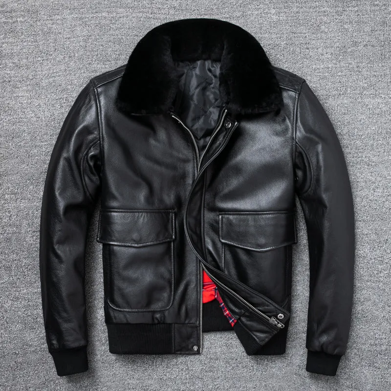 Pure first layer cowhide leather flight suit in black with slim fit, zipper front, and ribbed hem