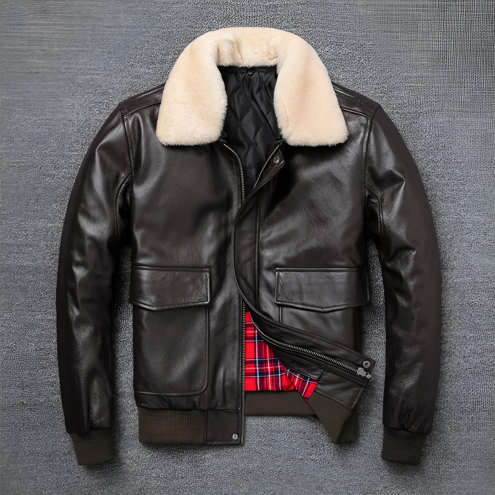 Pure first layer cowhide leather flight suit in black with slim fit, zipper front, and ribbed hem
