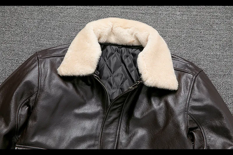 Pure first layer cowhide leather flight suit in black with slim fit, zipper front, and ribbed hem