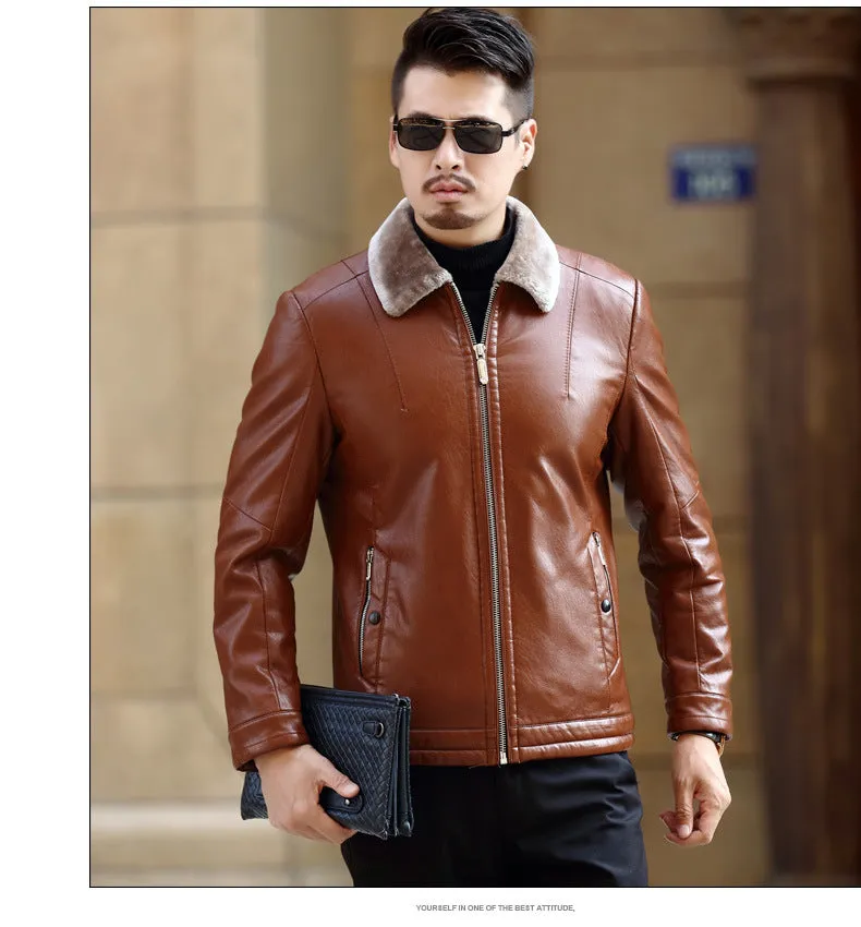 PU leather jacket coat for men in Army Green with snap button front and multiple pockets, Asian sizing