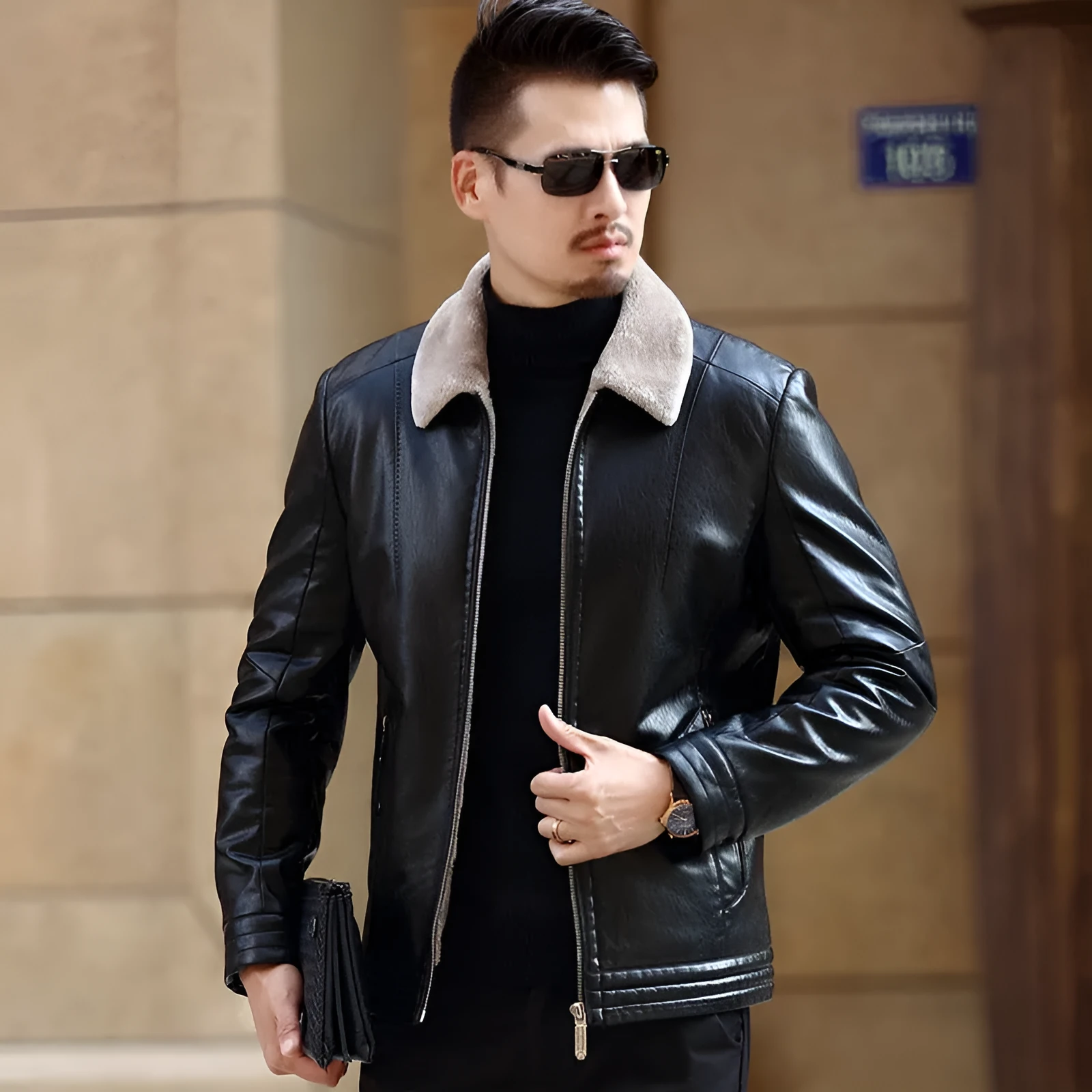 PU leather jacket coat for men in Army Green with snap button front and multiple pockets, Asian sizing