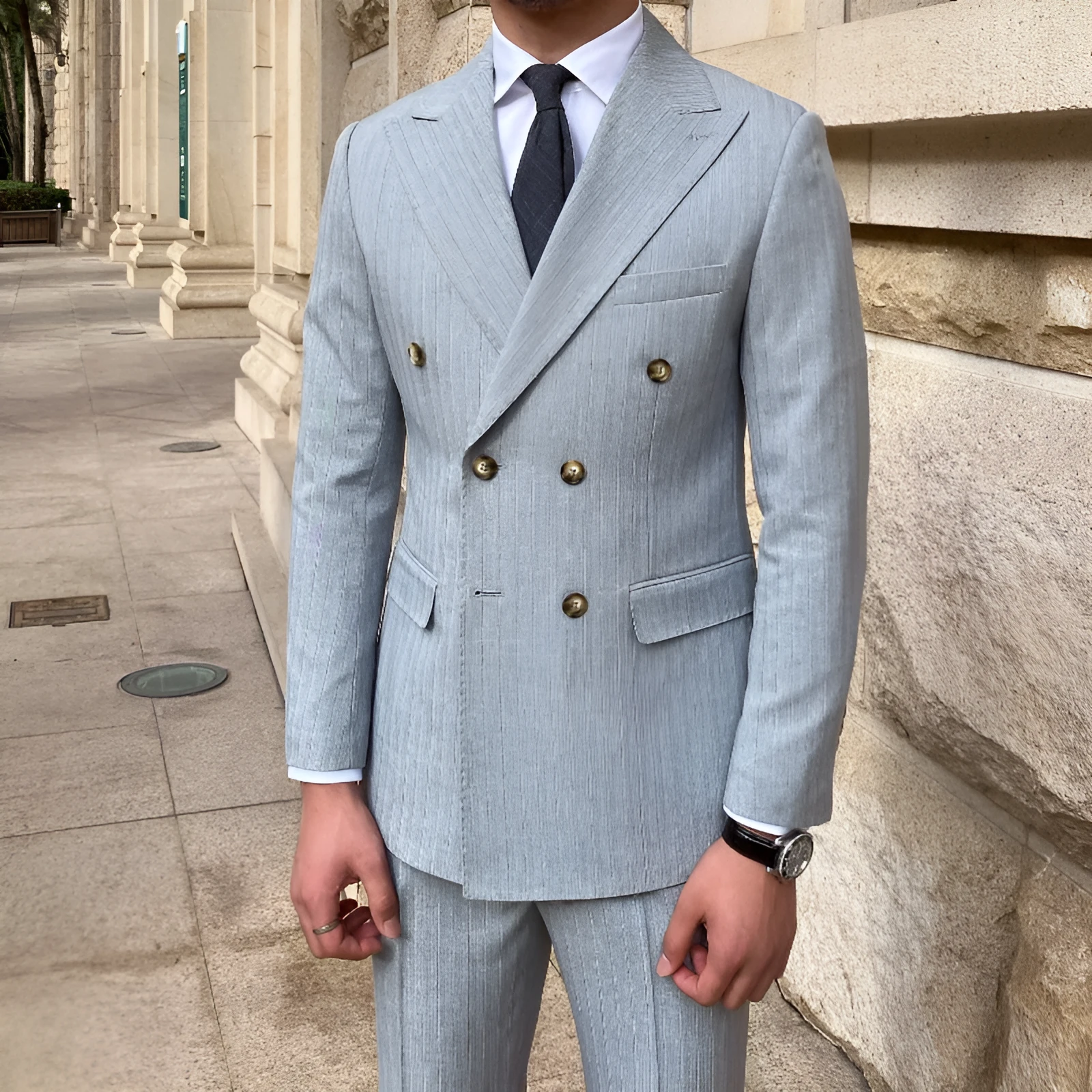 Mr. Lu San grey striped notch lapel two-piece suit jacket and trousers on hanger