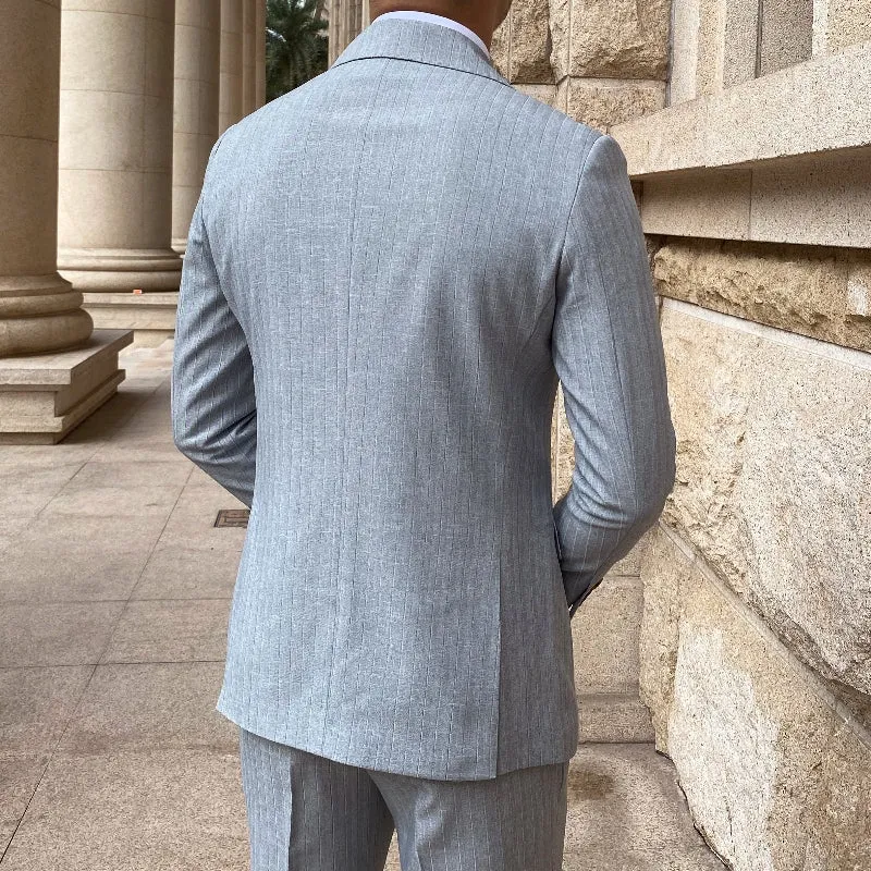 Mr. Lu San grey striped notch lapel two-piece suit jacket and trousers on hanger