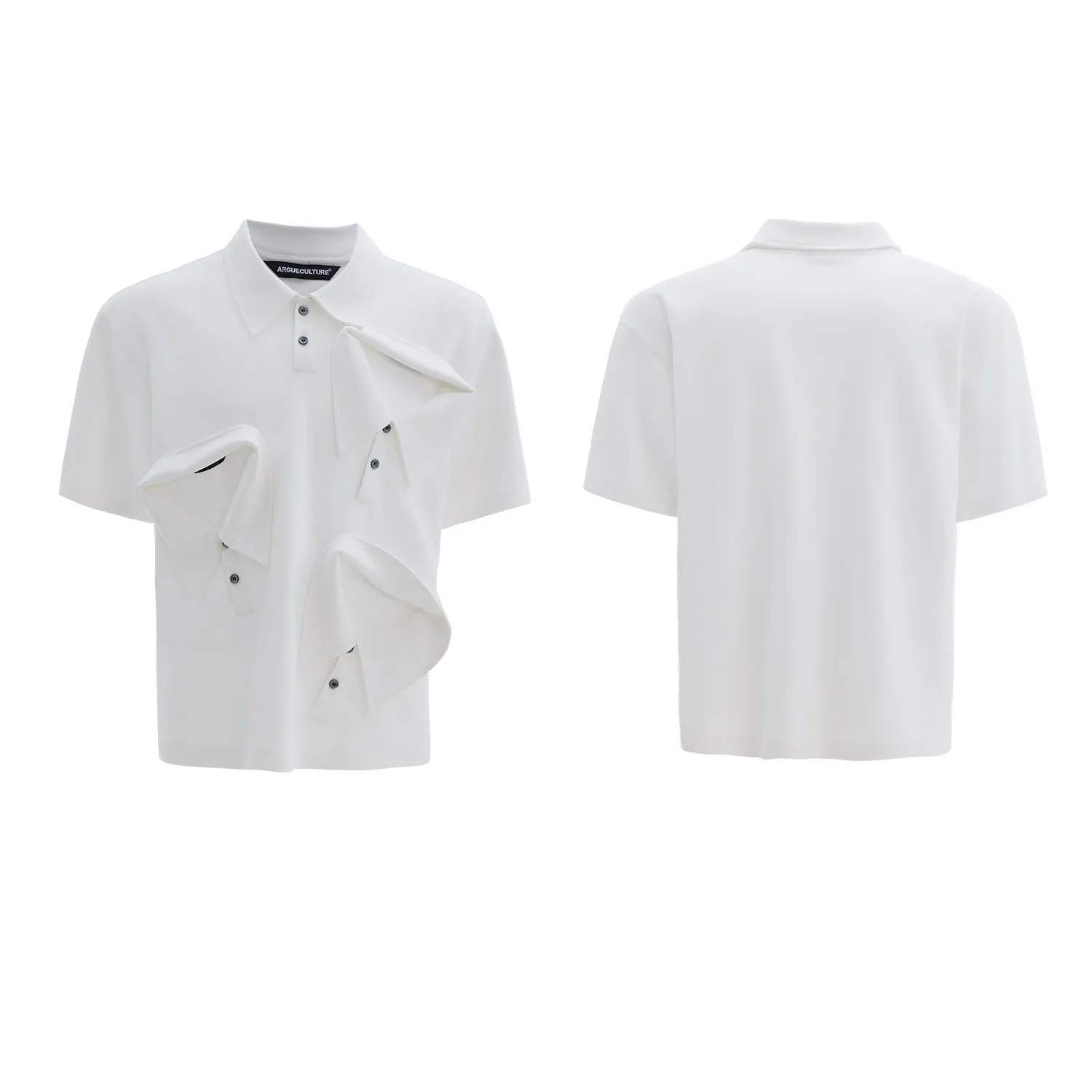 Men's black geometric print polo shirt with a deconstructed layered collar design.