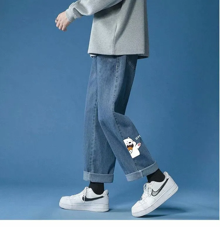 Casual light coloured straight fit cropped jeans for men in light blue with slight elastic waistband and mid rise