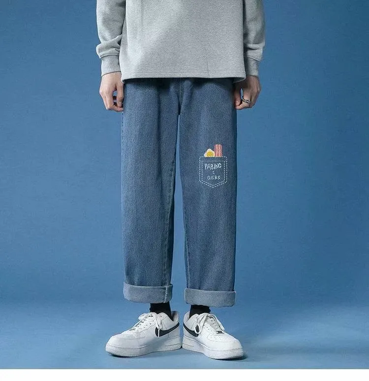 Casual light coloured straight fit cropped jeans for men in light blue with slight elastic waistband and mid rise
