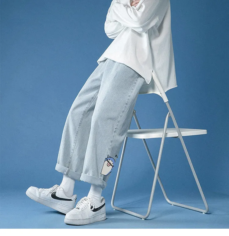 Casual light coloured straight fit cropped jeans for men in light blue with slight elastic waistband and mid rise