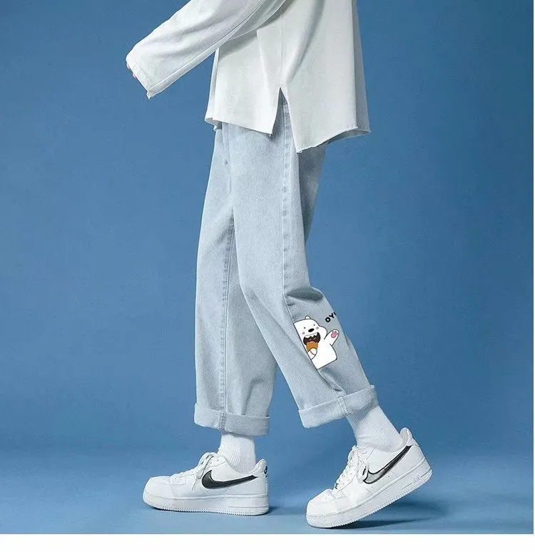 Casual light coloured straight fit cropped jeans for men in light blue with slight elastic waistband and mid rise