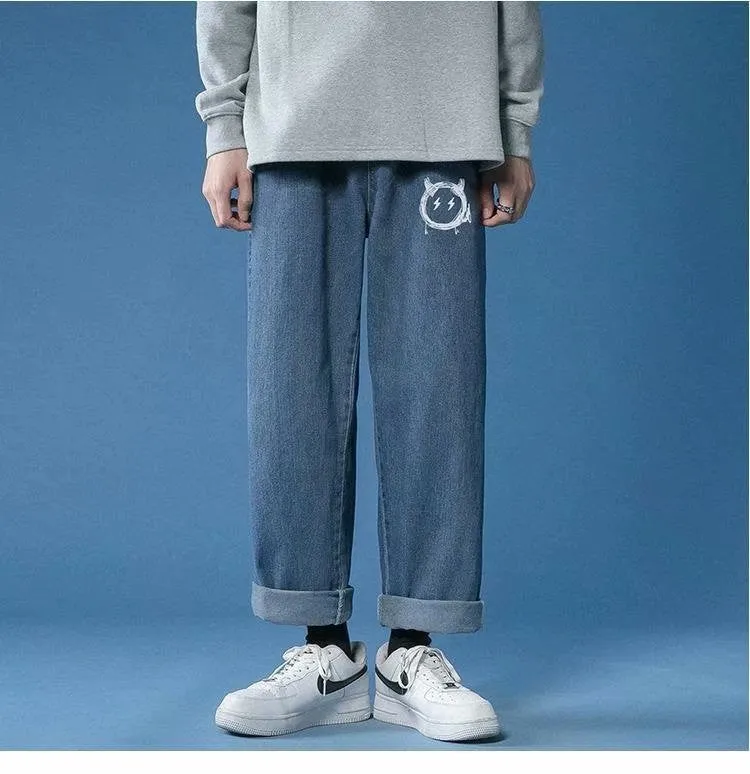 Casual light coloured straight fit cropped jeans for men in light blue with slight elastic waistband and mid rise