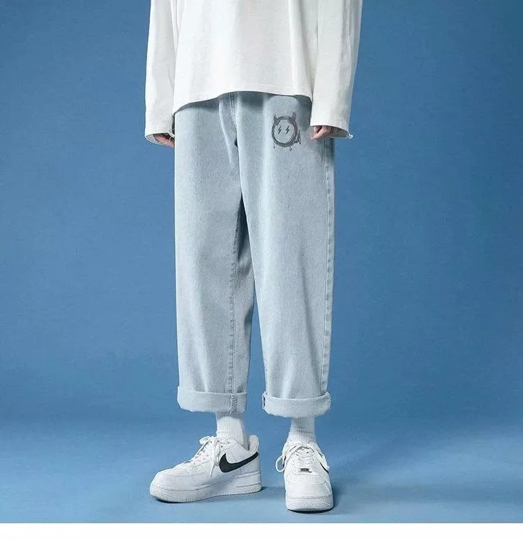 Casual light coloured straight fit cropped jeans for men in light blue with slight elastic waistband and mid rise