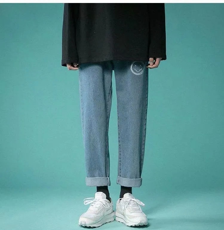 Casual light coloured straight fit cropped jeans for men in light blue with slight elastic waistband and mid rise