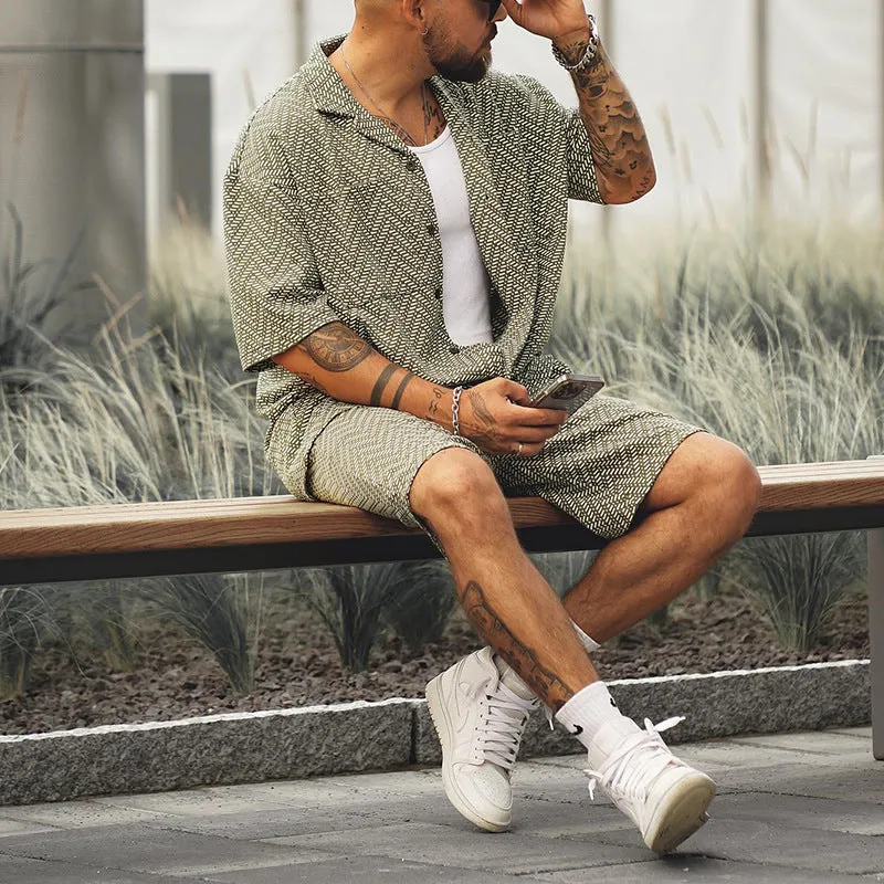Men's casual short sleeve shirt and shorts set in grayish green polyester fabric, front view