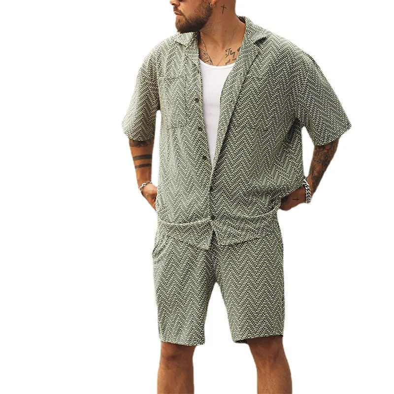Men's casual short sleeve shirt and shorts set in grayish green polyester fabric, front view