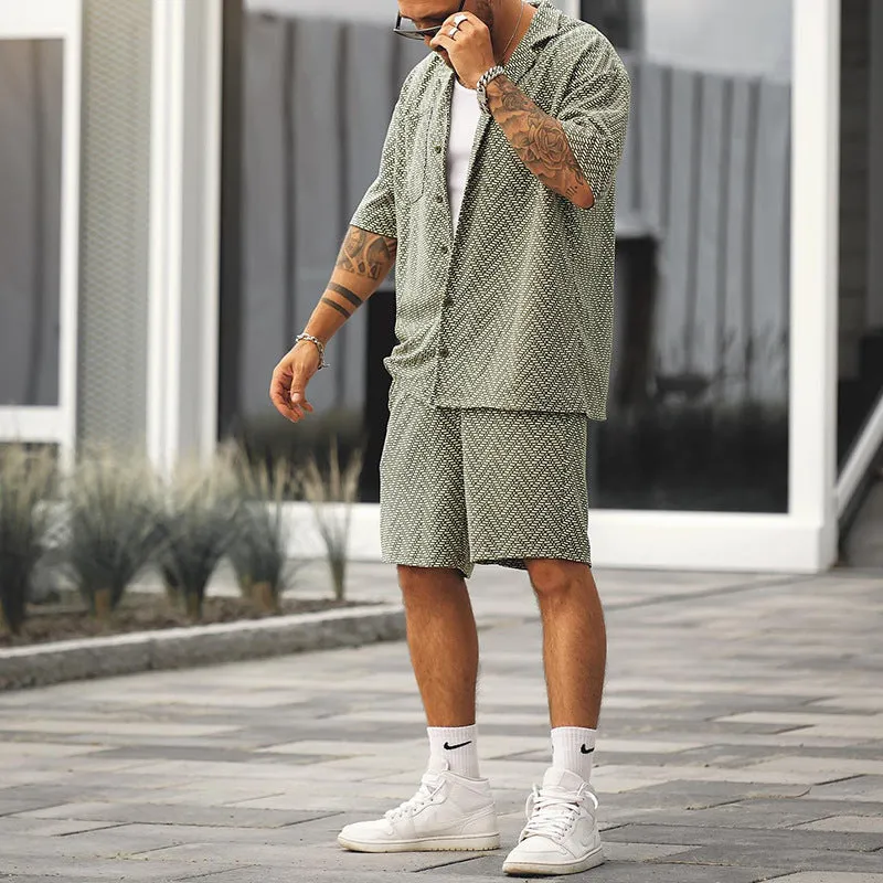 Men's casual short sleeve shirt and shorts set in grayish green polyester fabric, front view