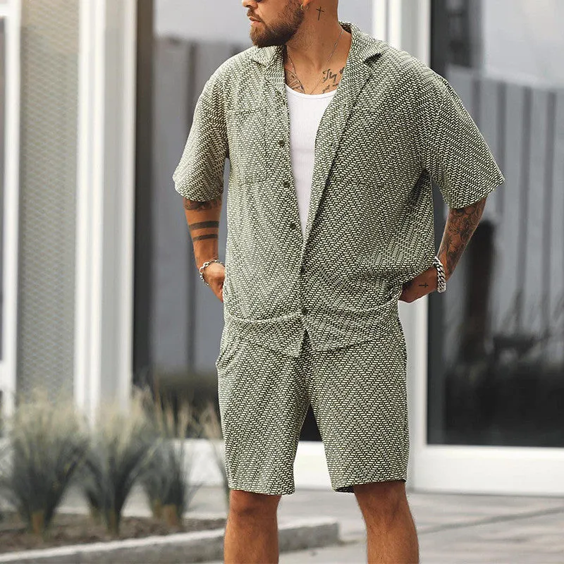 Men's casual short sleeve shirt and shorts set in grayish green polyester fabric, front view