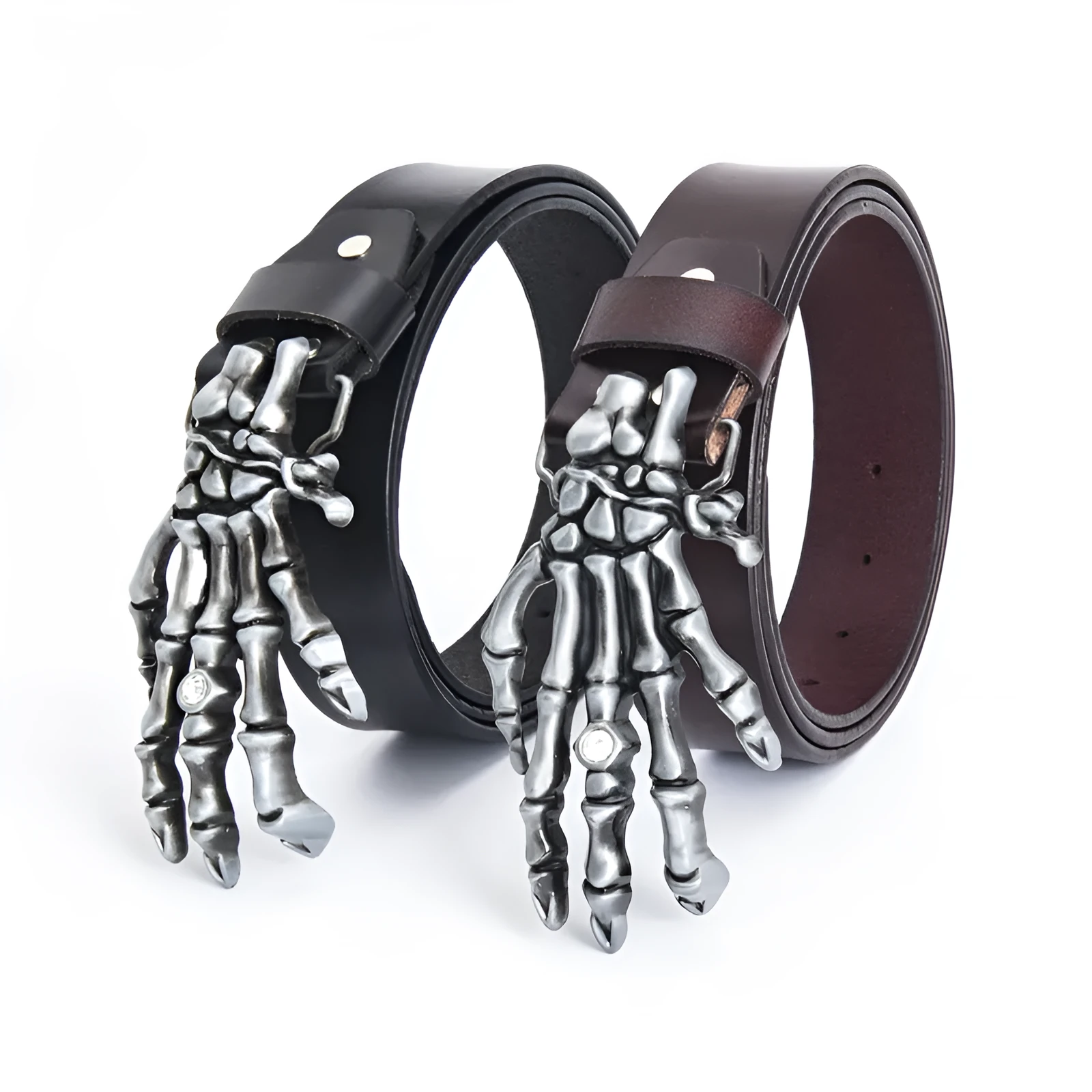 Men's genuine leather belt with skull claw alloy buckle, black, available in sizes 90cm to 130cm