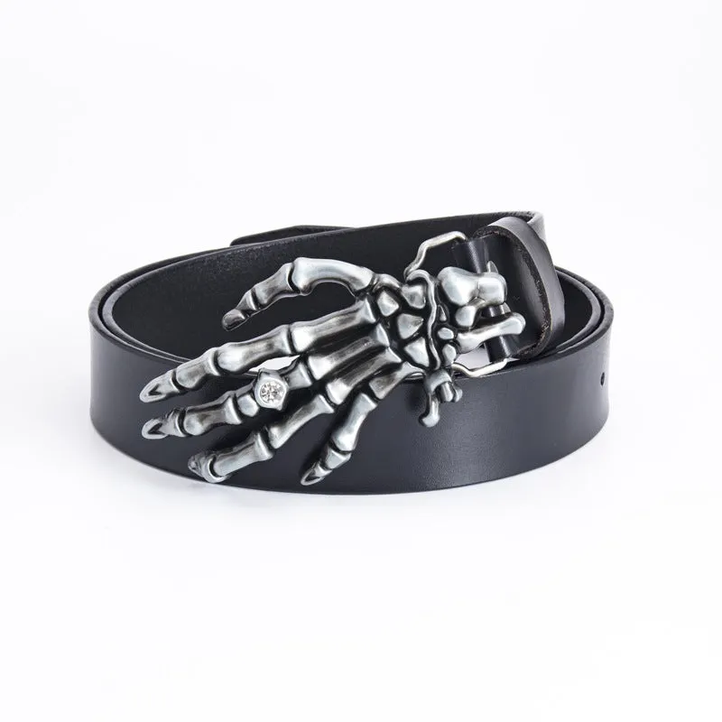 Men's genuine leather belt with skull claw alloy buckle, black, available in sizes 90cm to 130cm