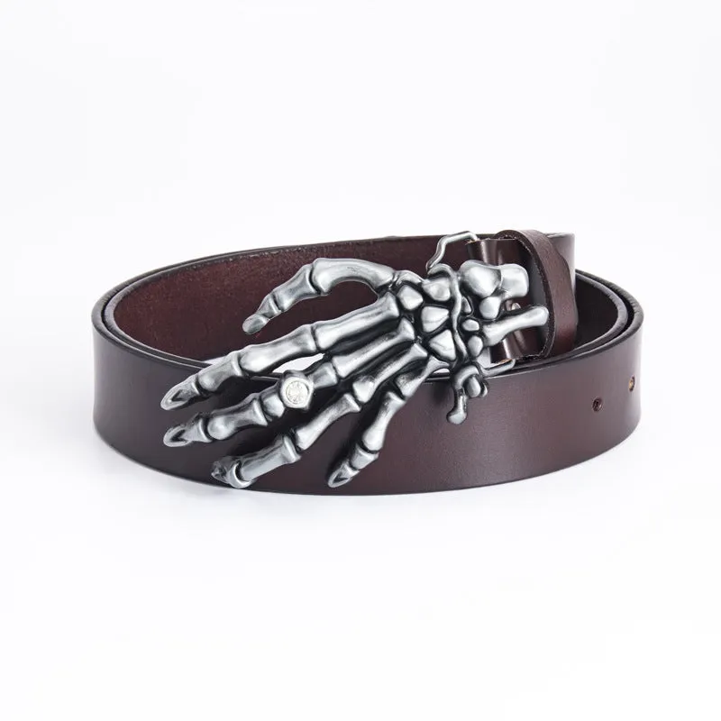 Men's genuine leather belt with skull claw alloy buckle, black, available in sizes 90cm to 130cm
