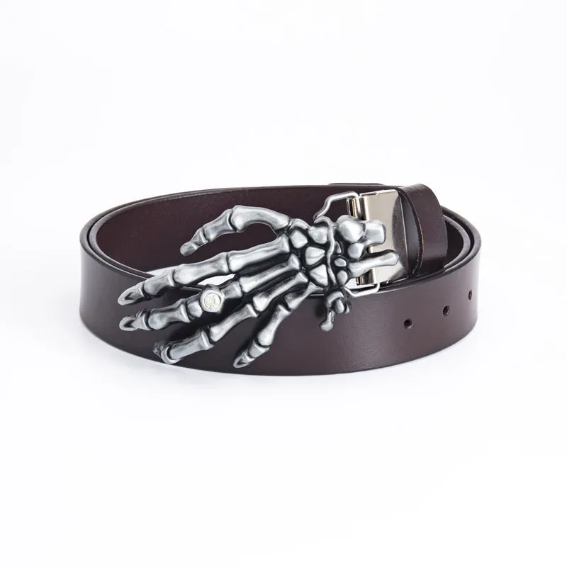 Men's genuine leather belt with skull claw alloy buckle, black, available in sizes 90cm to 130cm