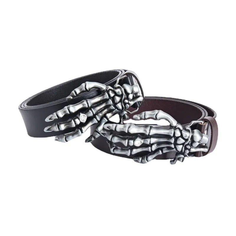 Men's genuine leather belt with skull claw alloy buckle, black, available in sizes 90cm to 130cm