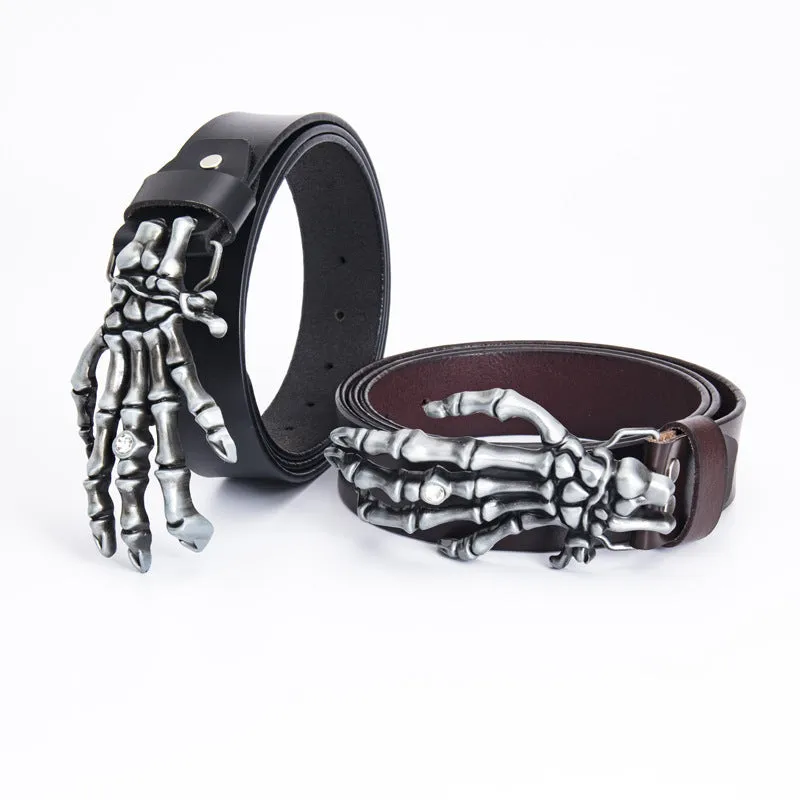 Men's genuine leather belt with skull claw alloy buckle, black, available in sizes 90cm to 130cm