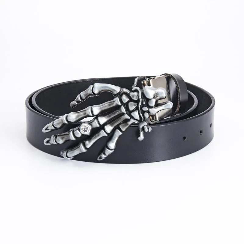 Men's genuine leather belt with skull claw alloy buckle, black, available in sizes 90cm to 130cm
