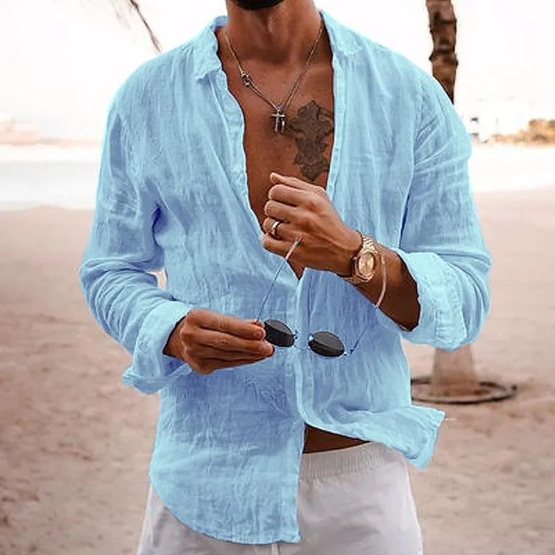 Men's casual cotton linen shirt long sleeves lapel cardigan loose fit solid colour in sky blue