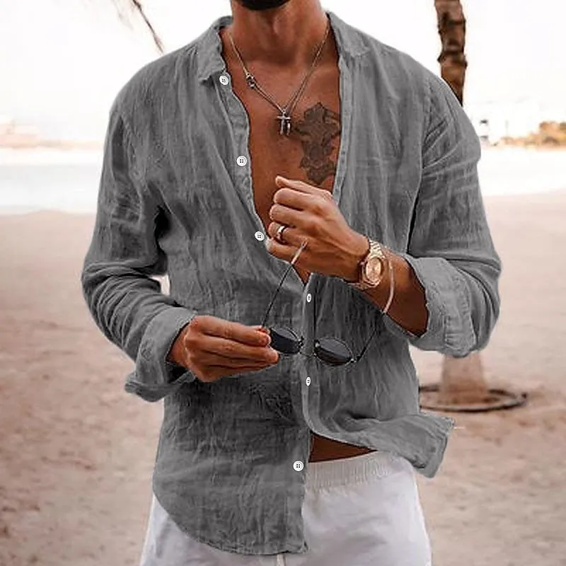 Men's casual cotton linen shirt long sleeves lapel cardigan loose fit solid colour in sky blue