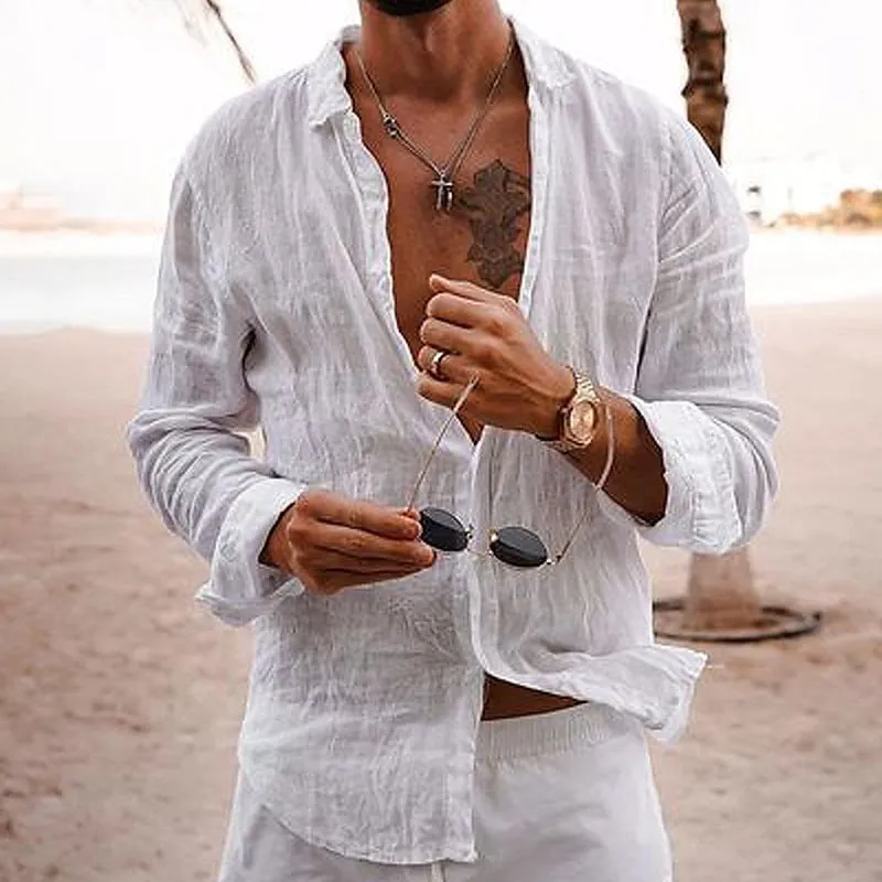 Men's casual cotton linen shirt long sleeves lapel cardigan loose fit solid colour in sky blue