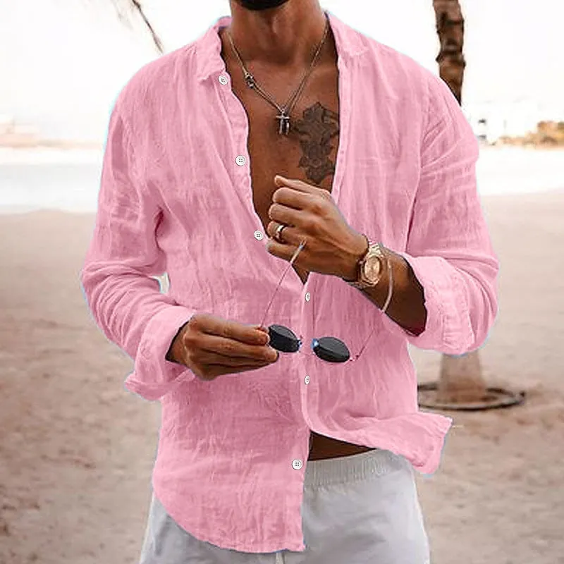 Men's casual cotton linen shirt long sleeves lapel cardigan loose fit solid colour in sky blue