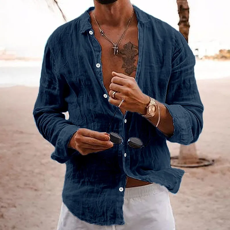 Men's casual cotton linen shirt long sleeves lapel cardigan loose fit solid colour in sky blue