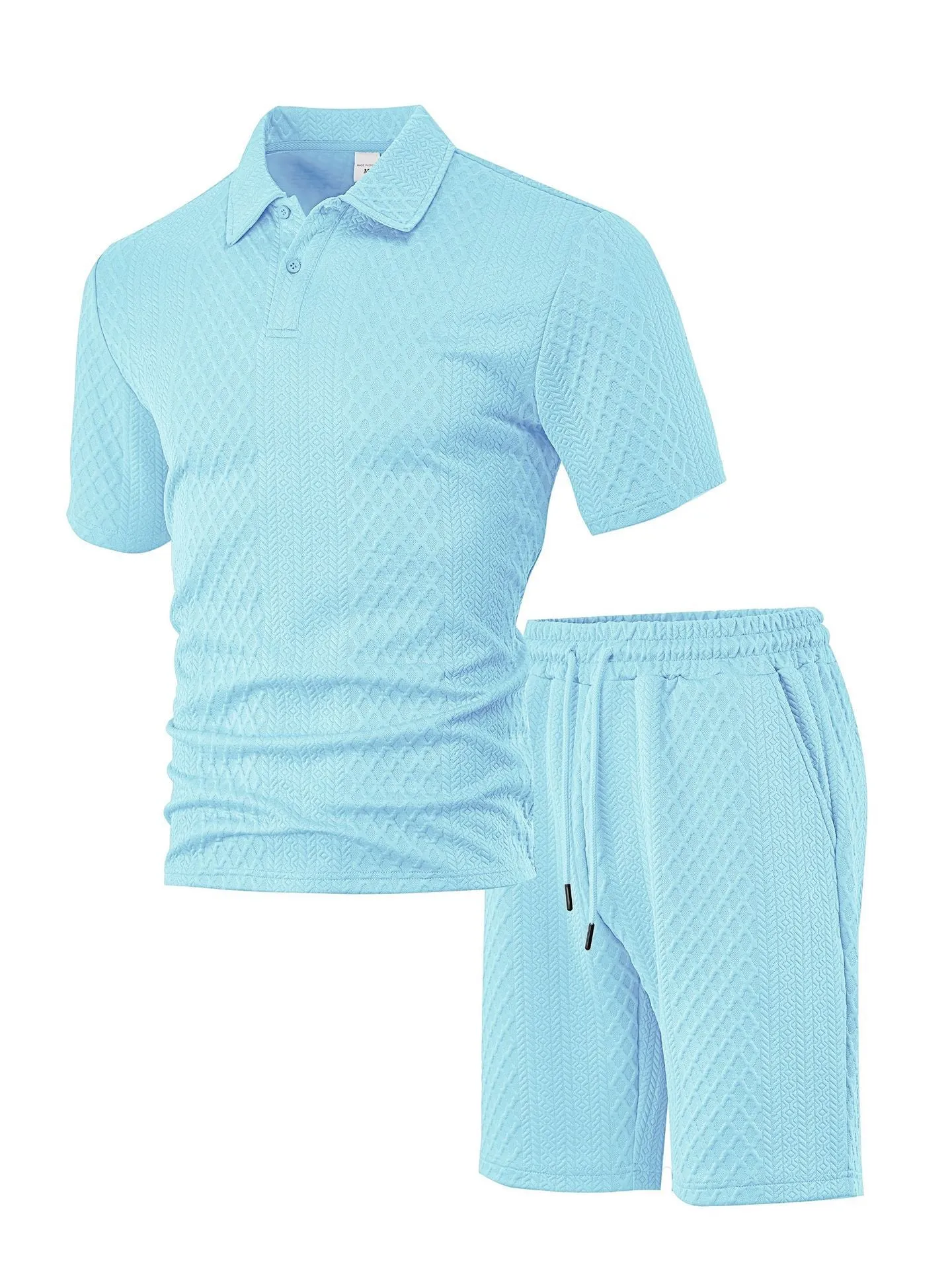 Men's patterned polyester casual suit with short-sleeve polo shirt and trousers in multiple colour options