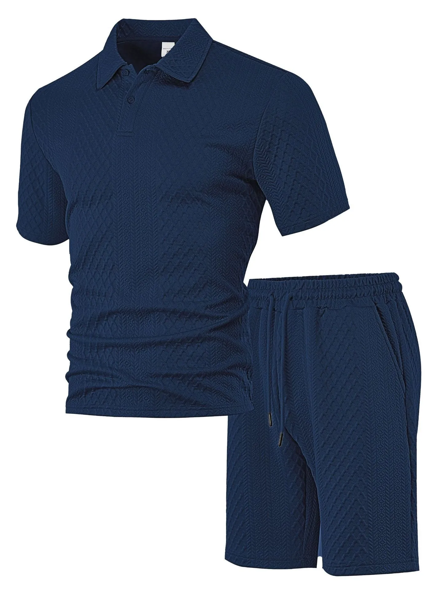 Men's patterned polyester casual suit with short-sleeve polo shirt and trousers in multiple colour options