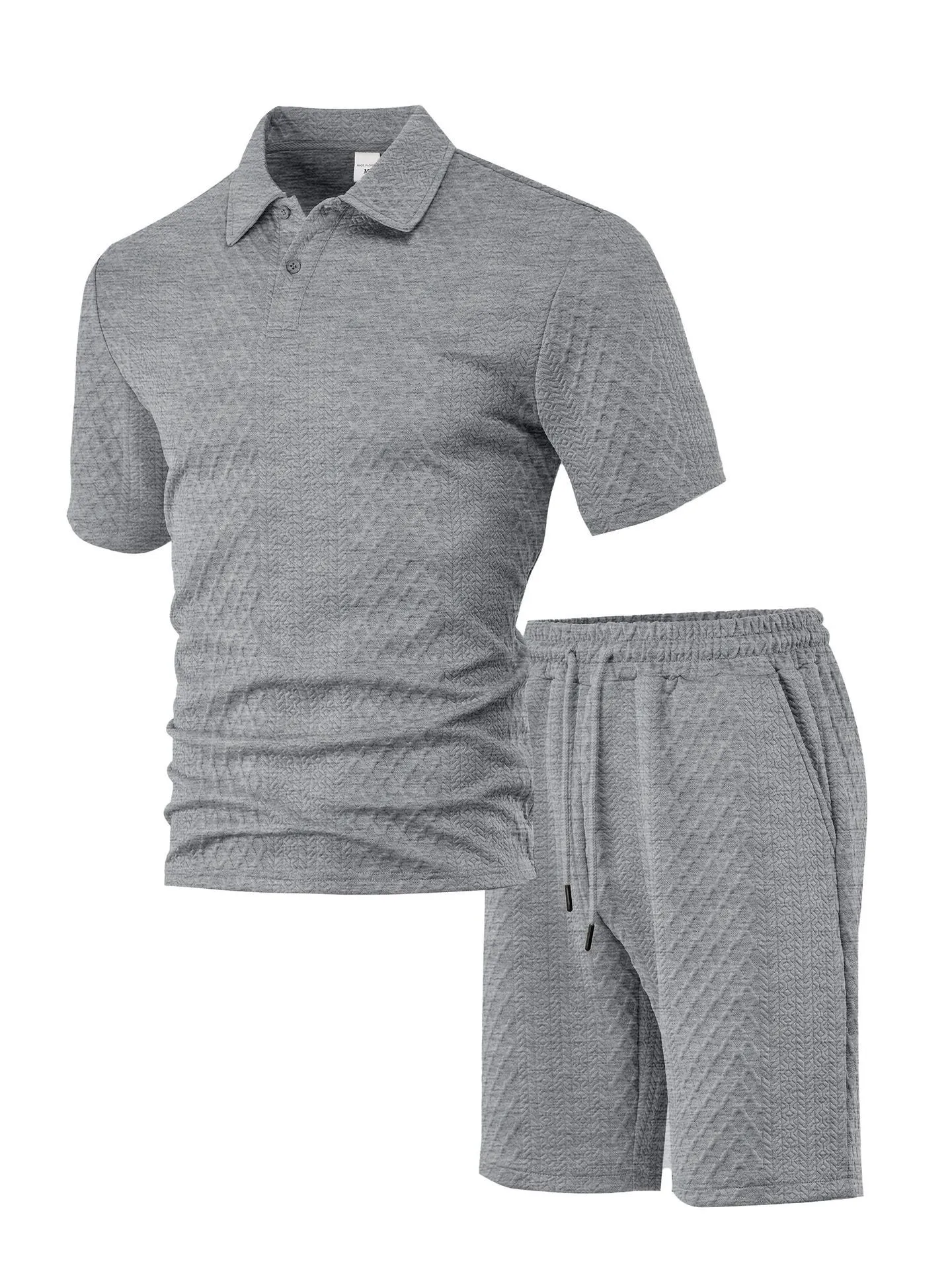Men's patterned polyester casual suit with short-sleeve polo shirt and trousers in multiple colour options