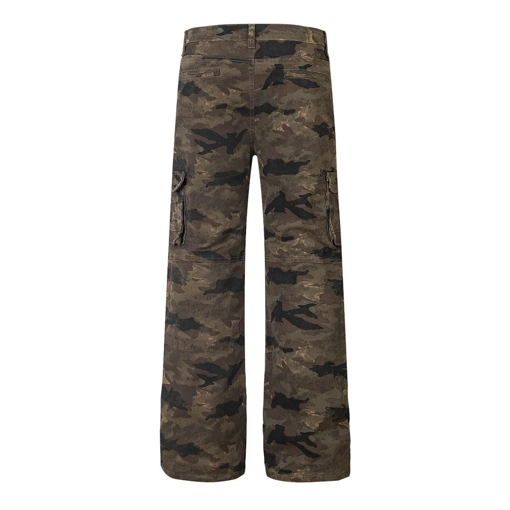 Men's camouflage denim trousers mid-waist casual work pants
